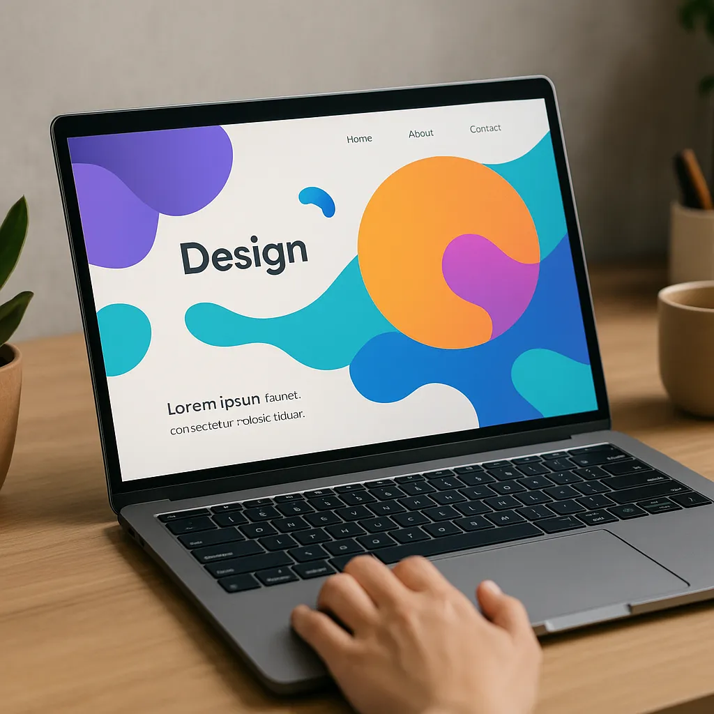 Laptop displaying colorful motion design with organic shapes