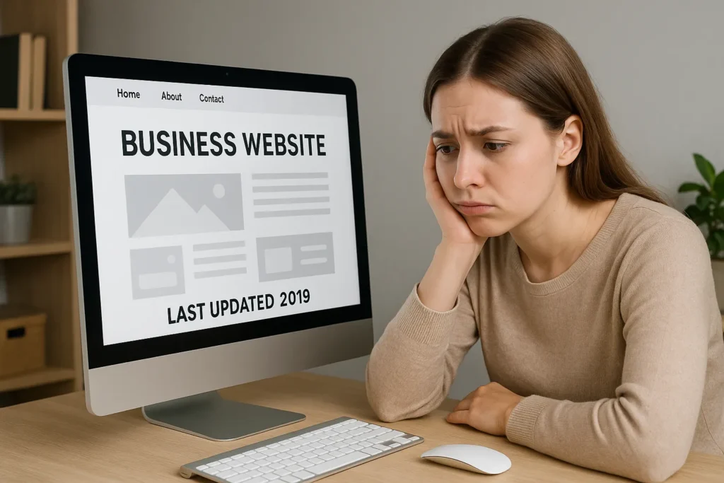 Woman upset viewing outdated 2019 business website